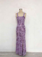 Lavender Sequin Floral Square Neck Prom Dress With Wide Straps