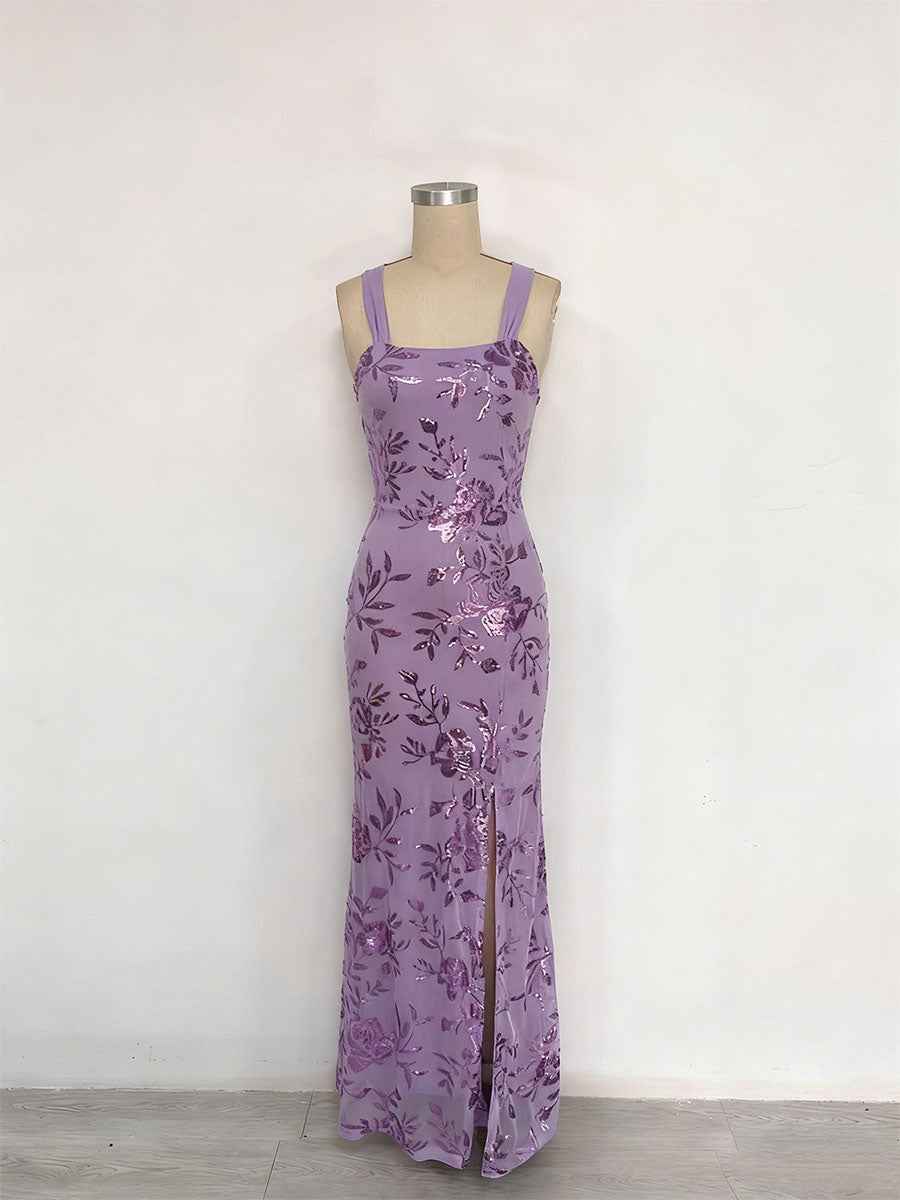Lavender Sequin Floral Square Neck Prom Dress With Wide Straps