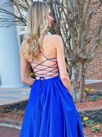 Royal Blue A Line Long Prom Dress With Spaghetti Straps And Empire Waist