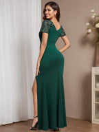 Floor Length V Neck Column Dress With Slit For Mothers Of The Bride And Groom