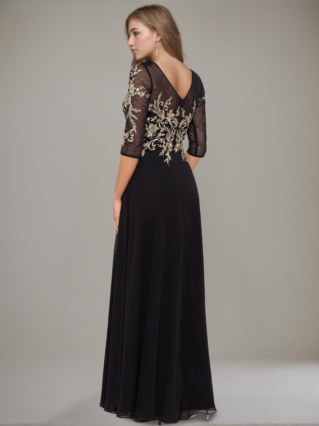 Floor Length A Line Princess Gown With Jewel Neckline And Lace Ruffle Details
