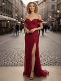 Red Off The Shoulder Beaded Tulle Prom Dress With Swirling Sequins