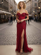 Red Off The Shoulder Beaded Tulle Prom Dress With Swirling Sequins