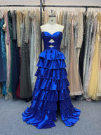 A Line Strapless Sweetheart Long Prom Dress With Keyhole And Pink Tiered Ruffles