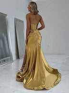 Simple Golden Mermaid Strapless Long Prom Dress With Slit