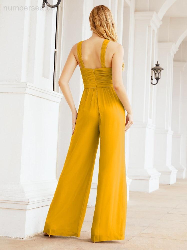 Tuta da sera elegante Numbersea con scollo incrociato, abito lungo per damigella, pantaloni a zampa d'elefante 28033