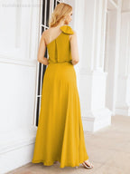 Robe de mariée longue asymétrique en mousseline à volants, sans manches et fendue sur le côté, modèle 28057