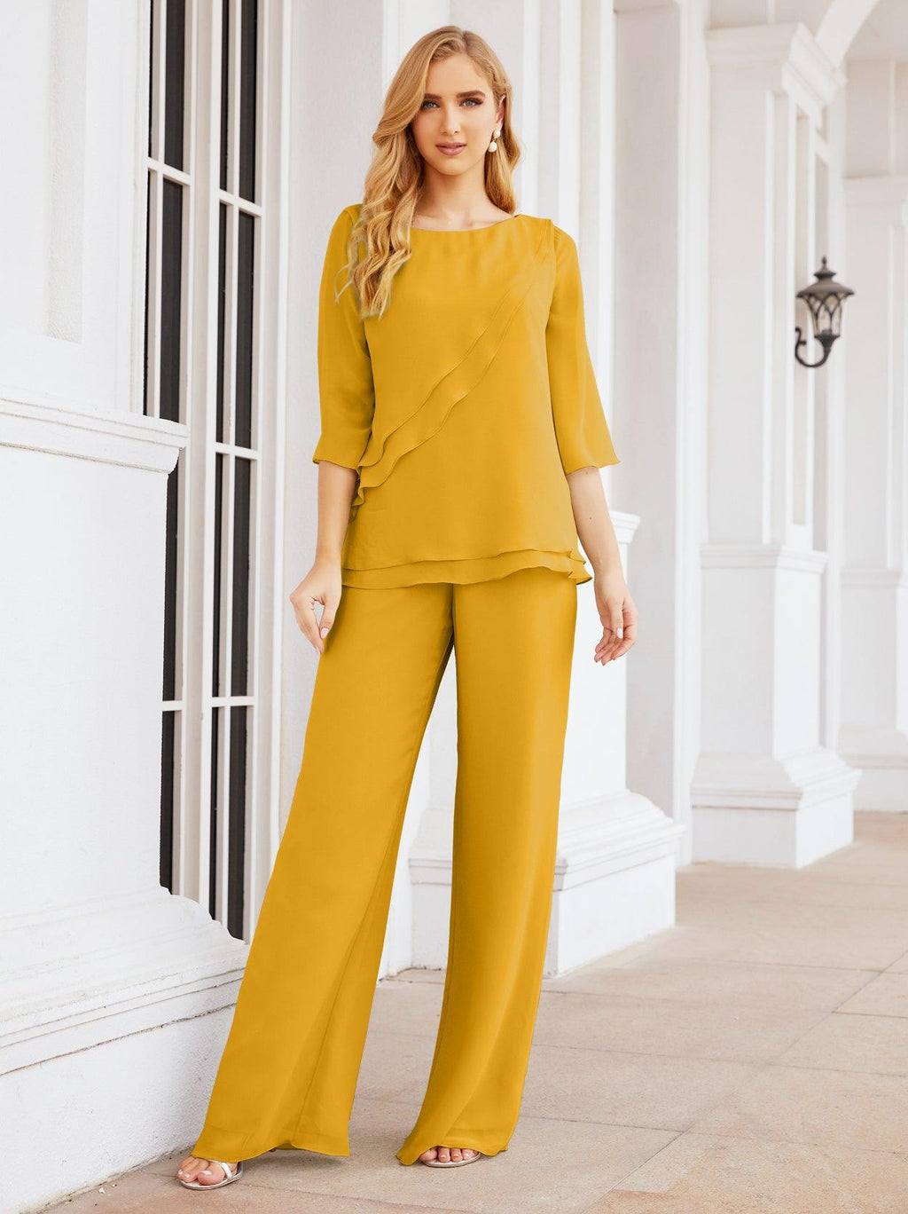 Robe de mariée élégante pour la mère de la mariée en deux pièces, tailleur pantalon grande taille à volants superposés, peignoir argenté 28064