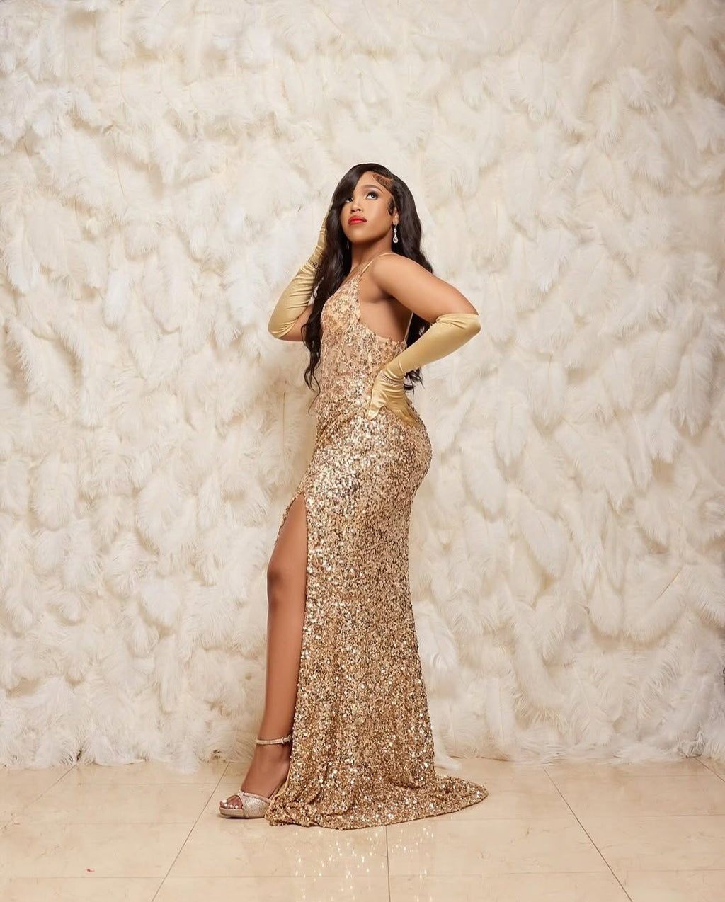 Champagne Gold Sequin Mermaid Gown With Satin Gloves High Slit Train