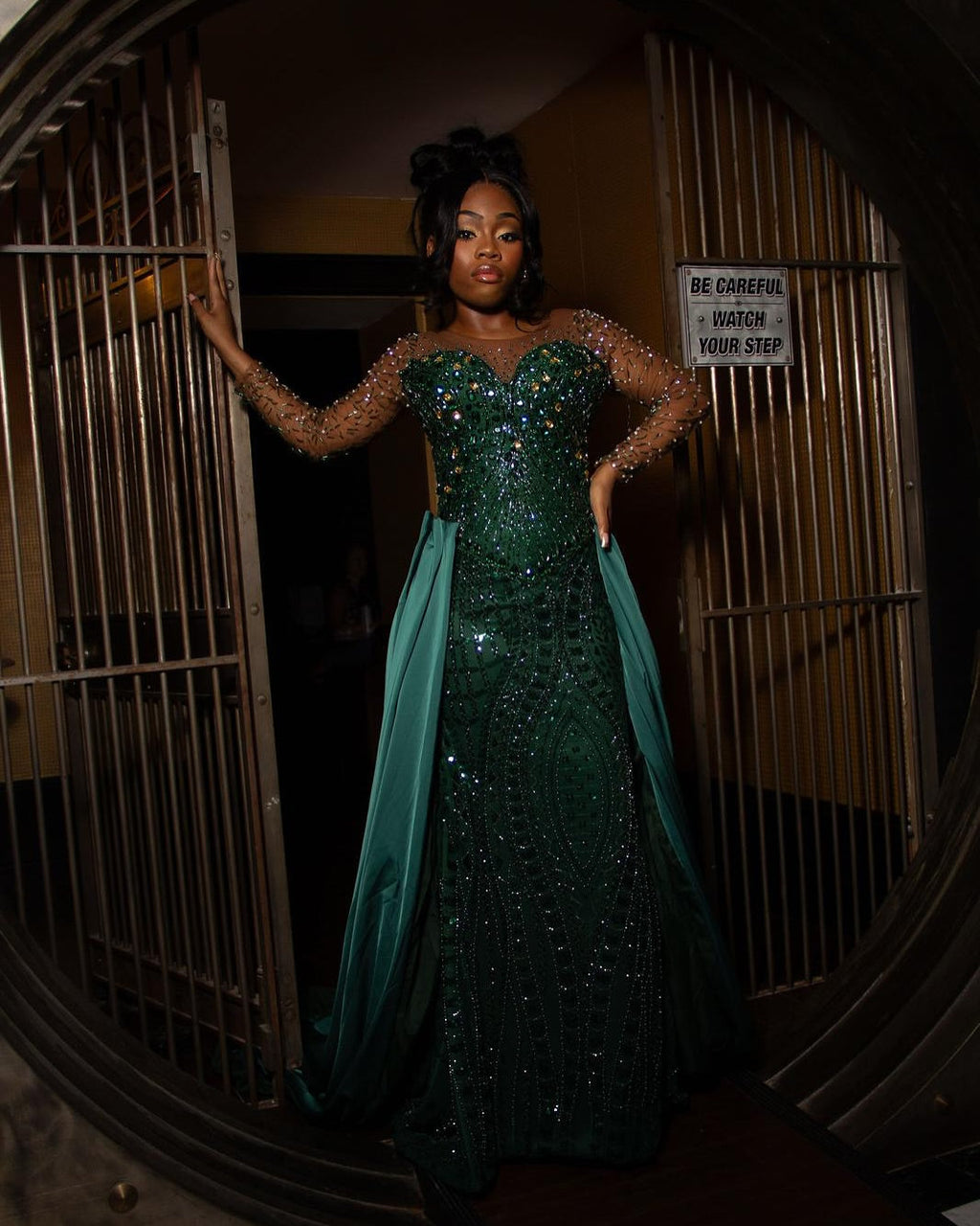 Emerald Empress Illusion Sleeve Beaded Mermaid Gown With Crystal Overskirt Train