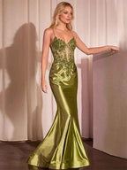 Sage Mermaid Satin Long Prom Dress With Spaghetti Straps And Appliques