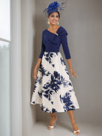 V Neck A Line Tea Length Dress For Mother Of Bride With Rhinestone Floral Print