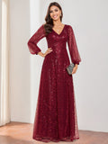 Floor Length Sequined Mother Of The Bride Dress With V Neck Lantern Sleeves