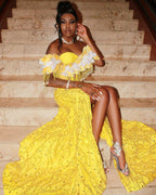 Golden Sunflower Off Shoulder Evening Gown White Floral Appliques Crystal Fringe