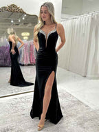 Sparkly Black Mermaid Prom Dress With Slit And Spaghetti Straps