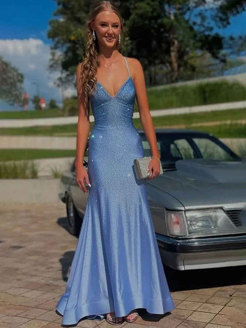 Blue Rhinestone V Neck Spaghetti Strap Prom Dress