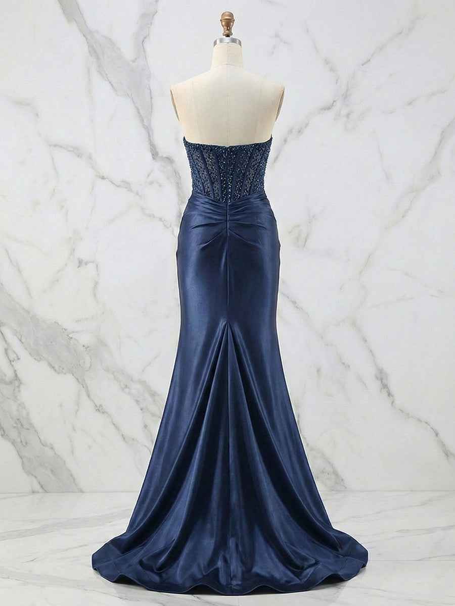 Glamorous Red Strapless Beaded Corset Satin Prom Dress