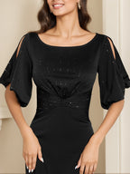 Elegant Black Floor Length Mother Of The Bride Dress Half Sleeves Round Neck
