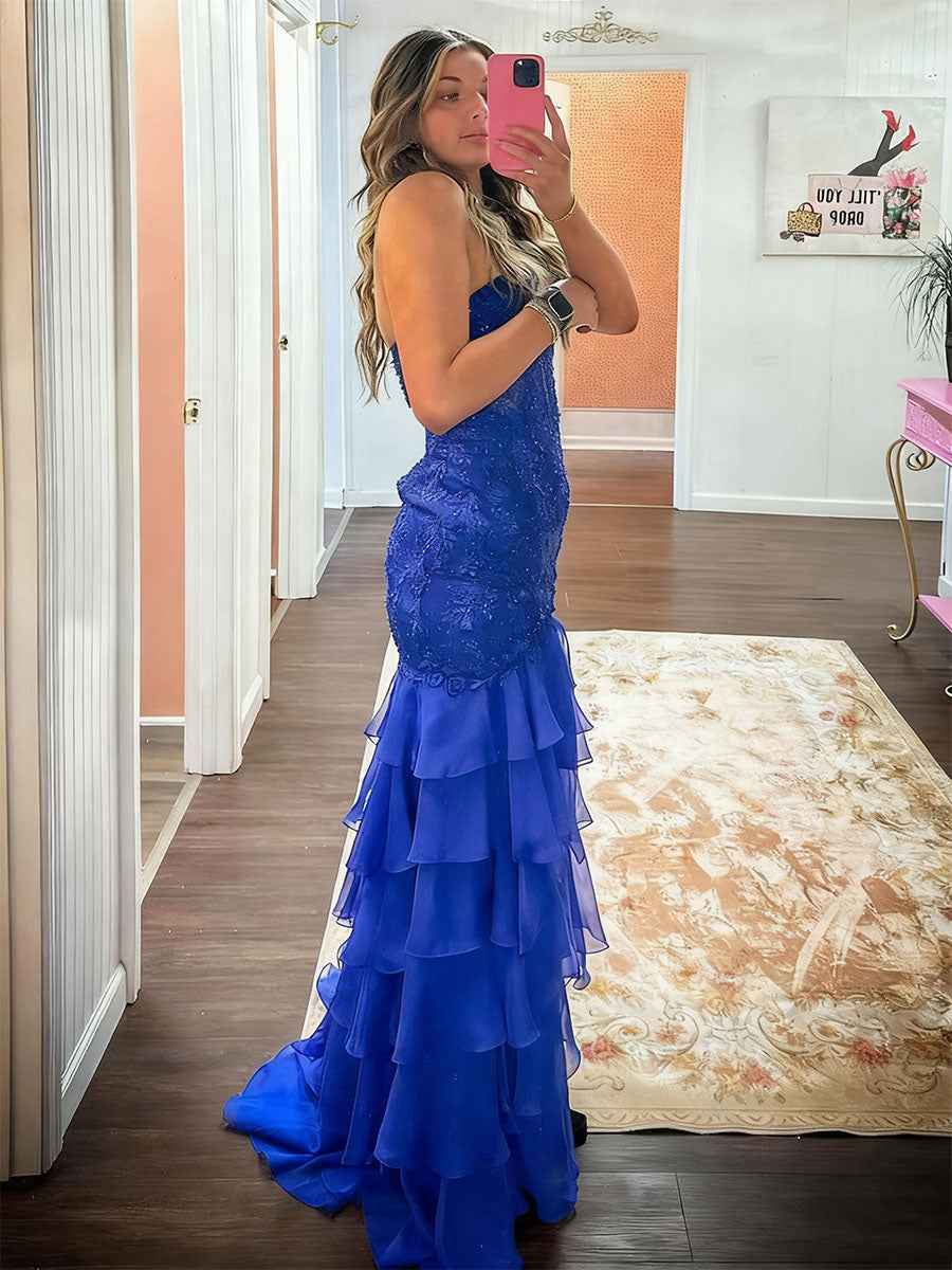 Strapless Floral Lace Appliques Mermaid Prom Dress With Slit