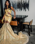 Champagne Gold Mermaid Prom Dress With Illusion Cutouts And Sequin Train