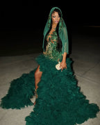 Emerald Green Hooded Prom Dress For Black Girls Sparkly Bodice Tulle Train