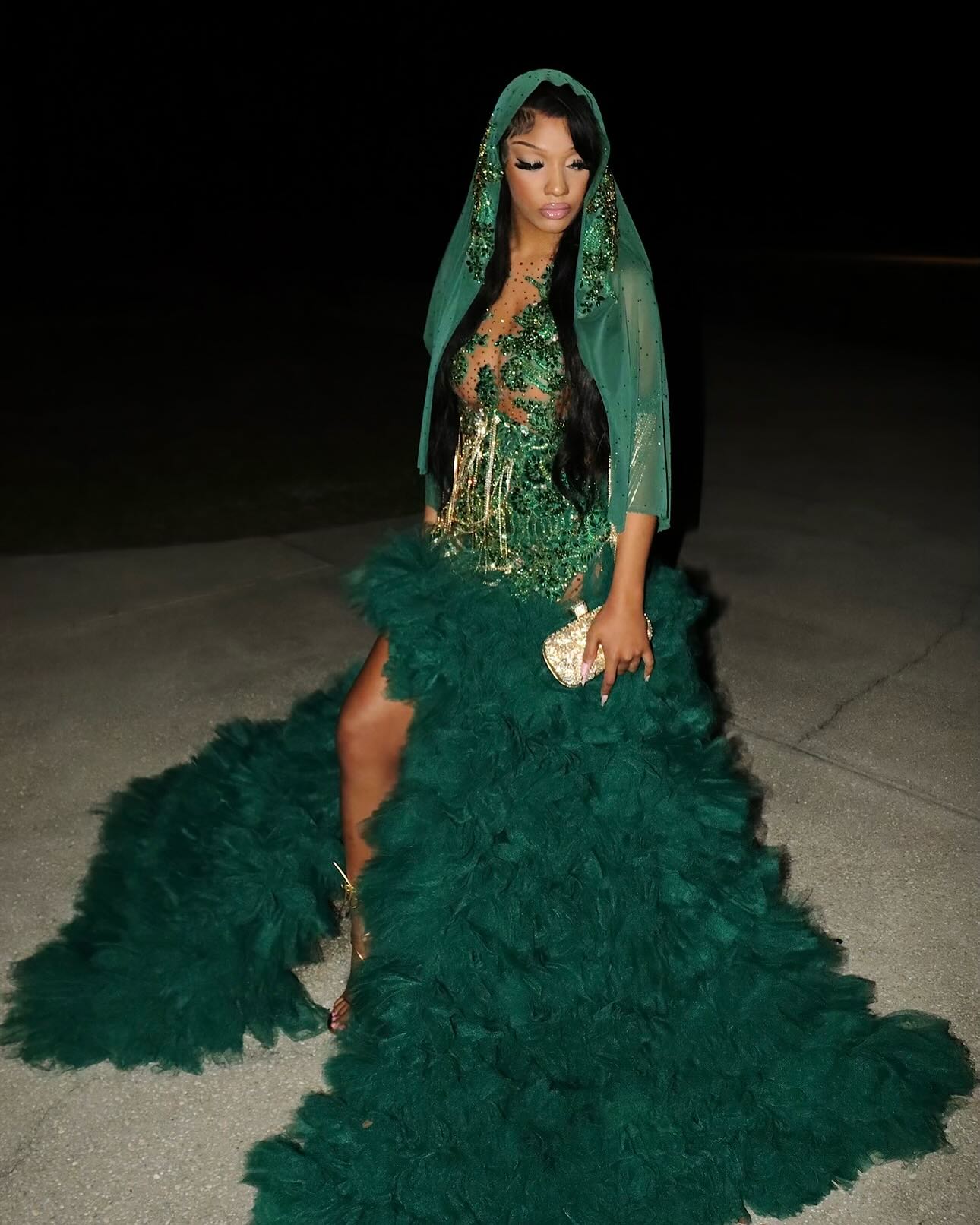 Emerald Green Hooded Prom Dress For Black Girls Sparkly Bodice Tulle Train