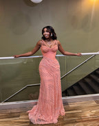 Peach Sorbet Sculptural Corset Mermaid Prom Dress With Pearl Beading