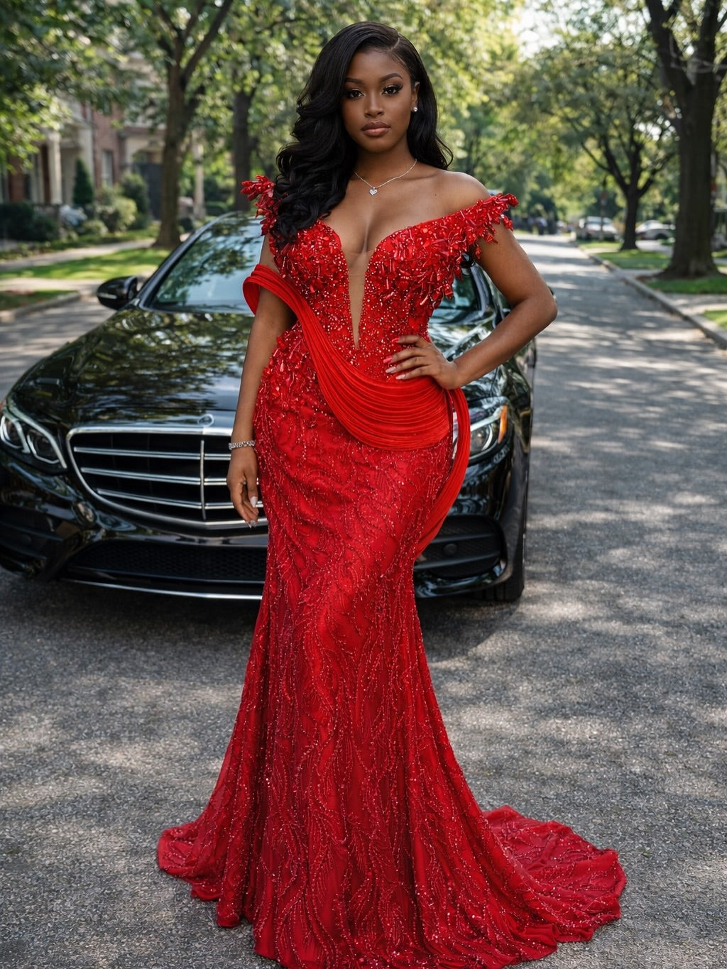 Scarlet Empress 3D Sculptural Beaded Mermaid Gown In Power Red