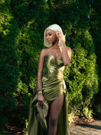 Olive Green Shimmer Prom Dress Goddess Style Ruched Bodice High Slit