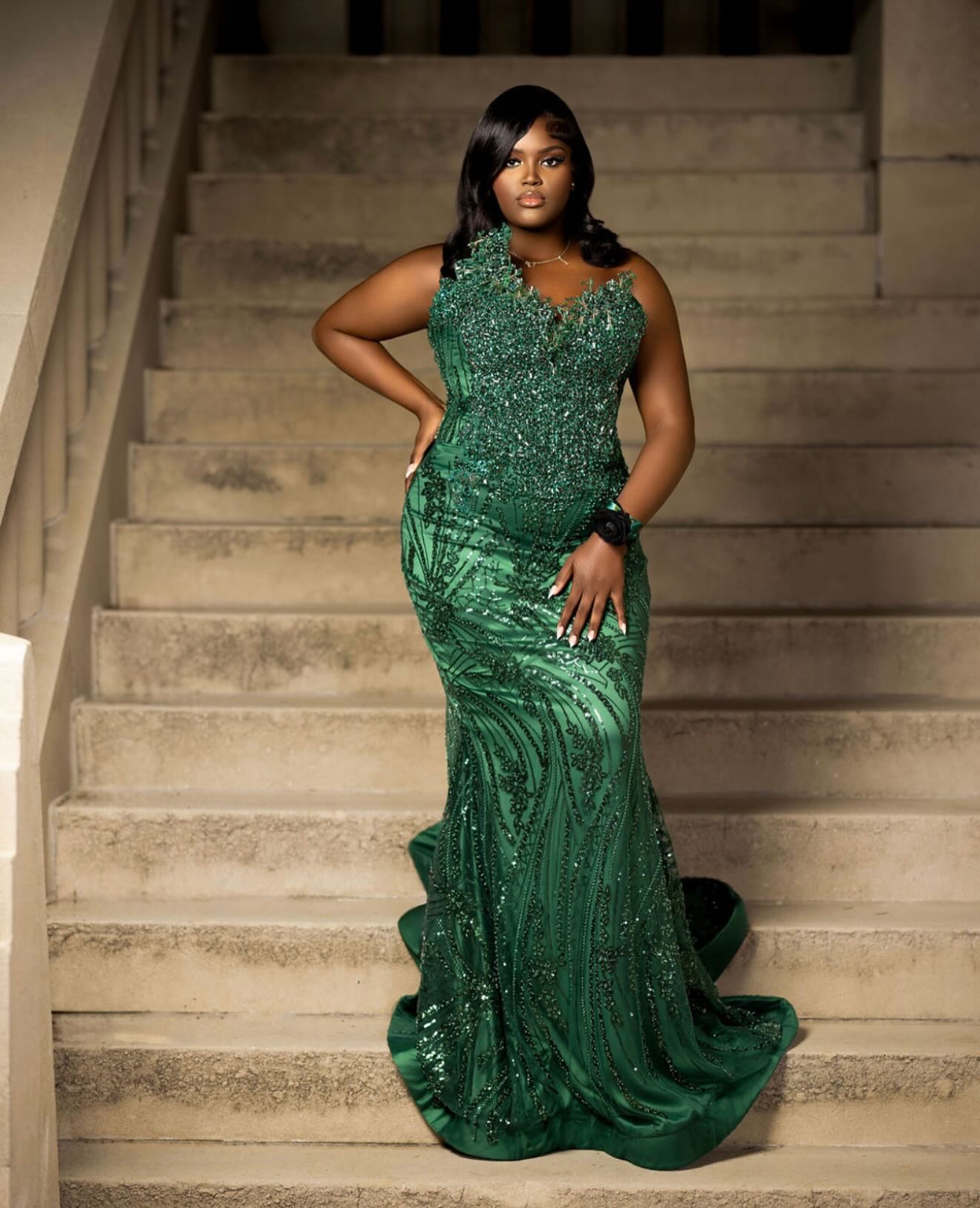 Emerald Green One Shoulder Sequin Beaded Mermaid Prom Dress