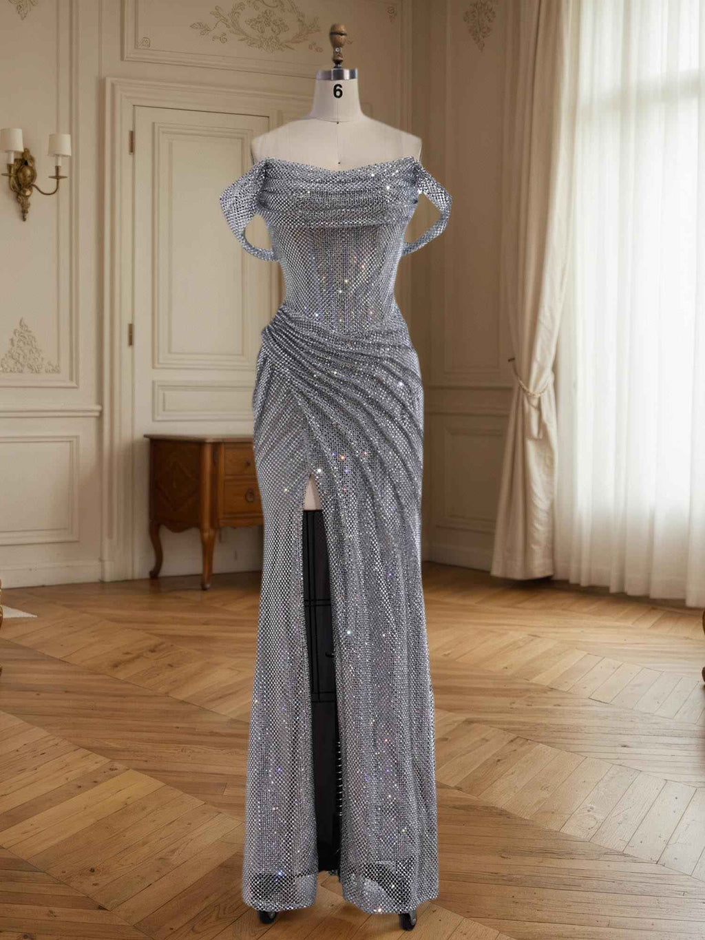 Silver Off Shoulder Sparkly Ruched Bodice Mesh Long Prom Dress With Slit