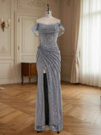 Silver Off Shoulder Sparkly Ruched Bodice Mesh Long Prom Dress With Slit