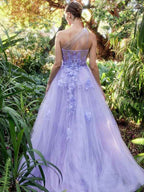 Lavender A Line One Shoulder Prom Dress With Floral Appliques And Slit