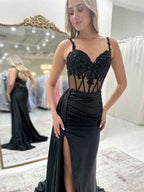 Black Mermaid Prom Dress With Cape Back And Lace Applique