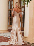 Champagne Satin Mermaid Prom Dress Off The Shoulder Beaded Fringe Bodice