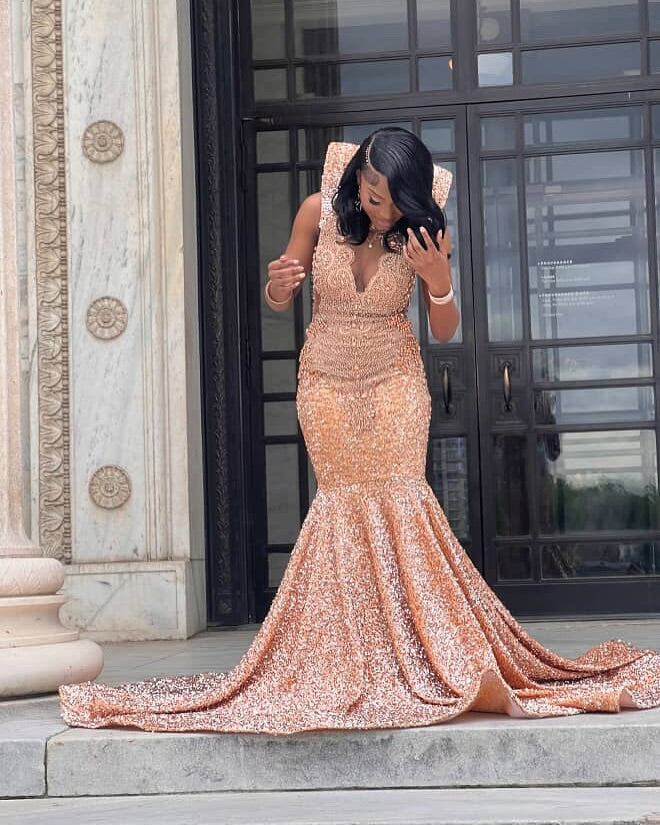Rose Gold Sequin Prom Dress With Sculpted High Collar Mermaid Silhouette