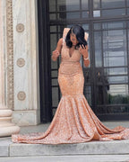 Rose Gold Sequin Prom Dress With Sculpted High Collar Mermaid Silhouette