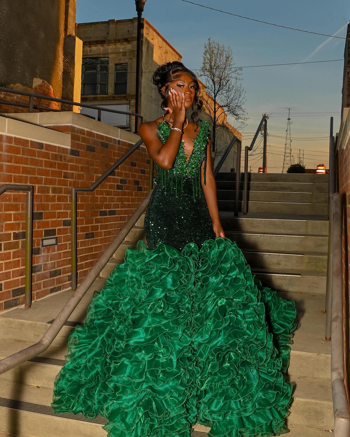 Emerald Forest Royale Sequin Mermaid Gown With Corset Back Cloud Ruffle Train