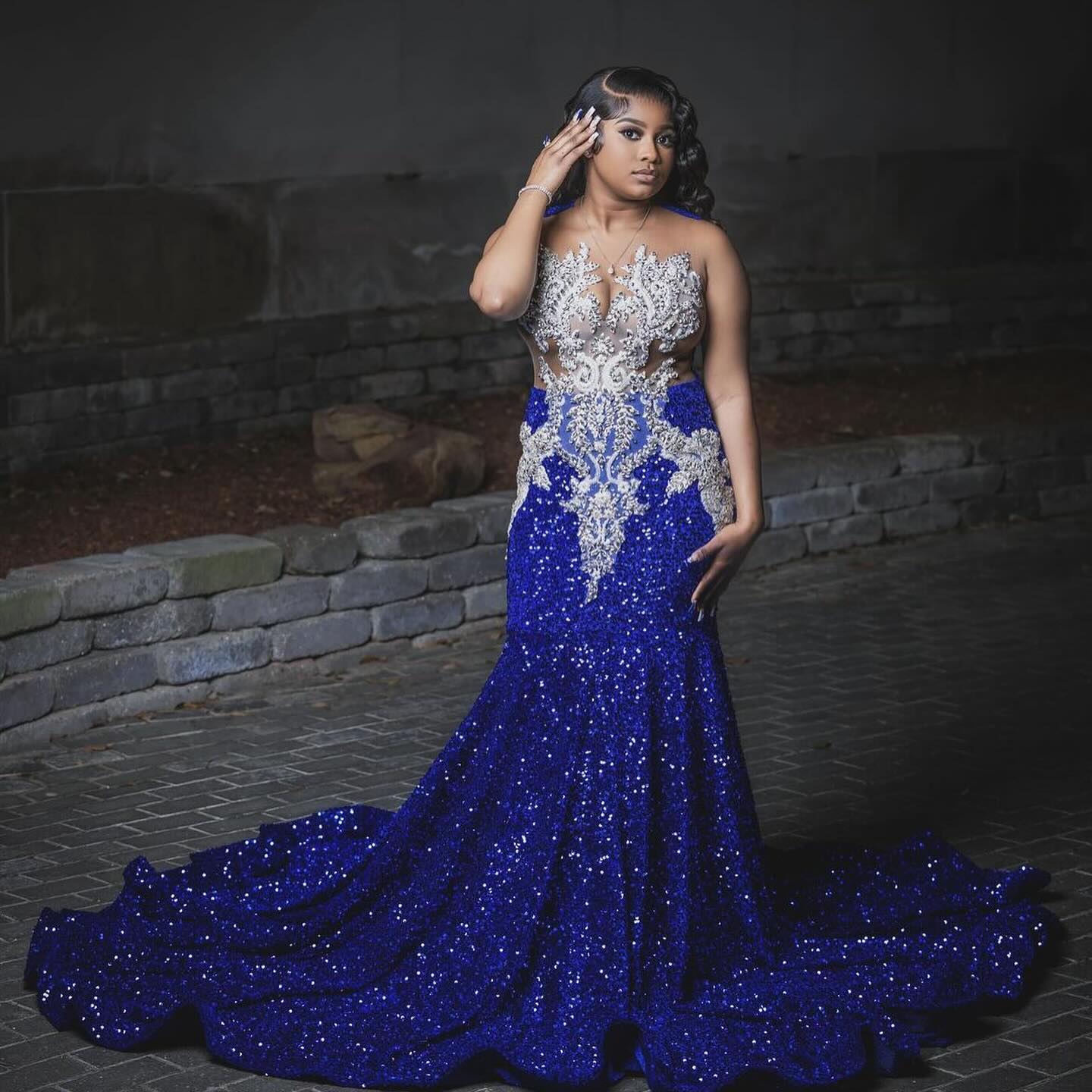 Sapphire Stellaris Mermaid Gown Royal Blue Sequin Illusion Prom Dress