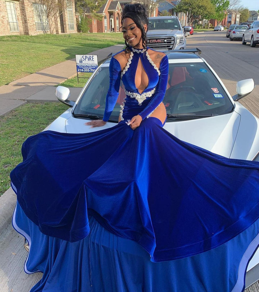 Sapphire Siren Royal Blue Velvet Mermaid Gown Crystal Vine Trim Illusion Cutouts