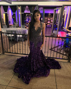 Midnight Amethyst Ombré Mermaid Gown Black Filigree Lace Purple Sequin Train