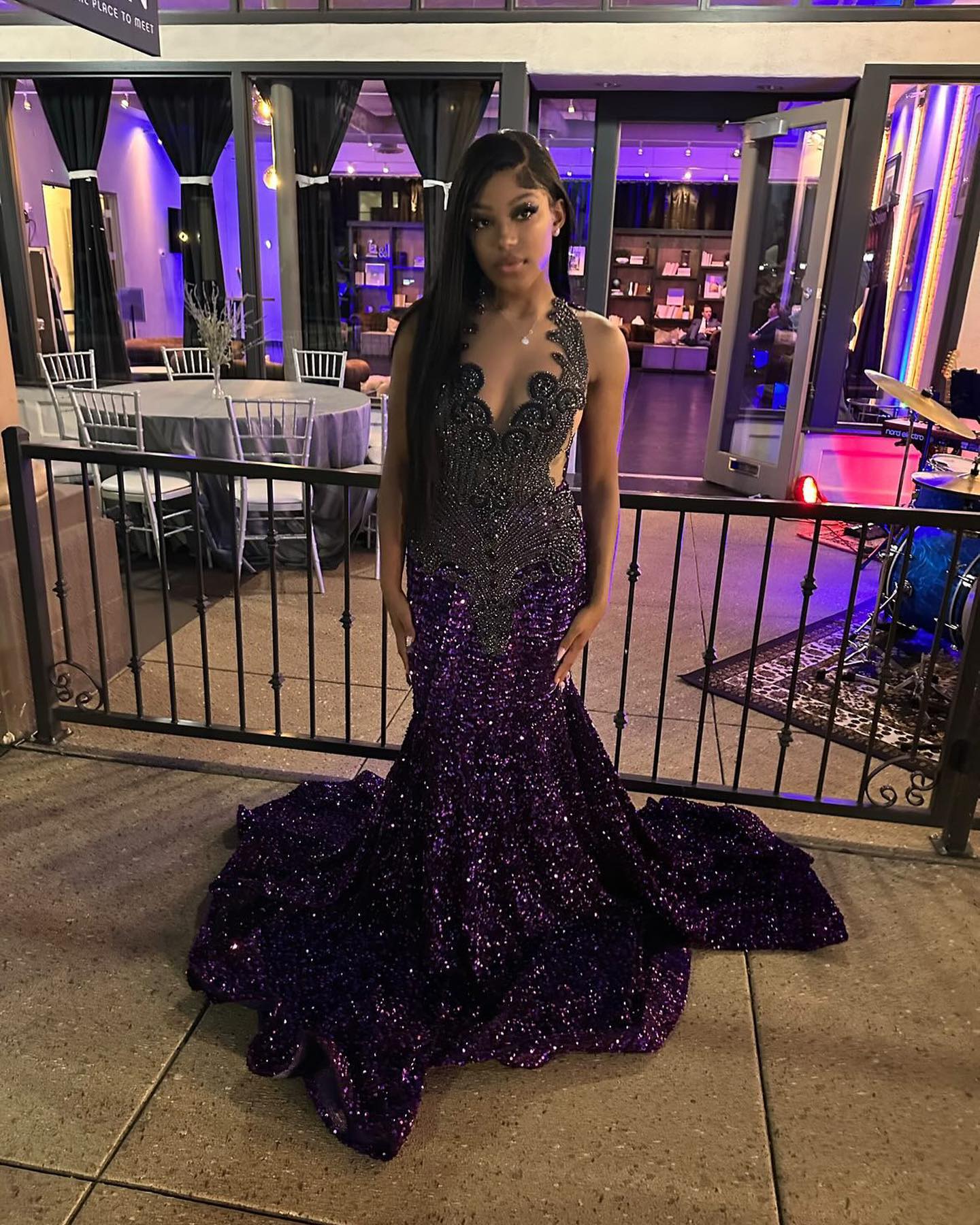 Midnight Amethyst Ombré Mermaid Gown Black Filigree Lace Purple Sequin Train