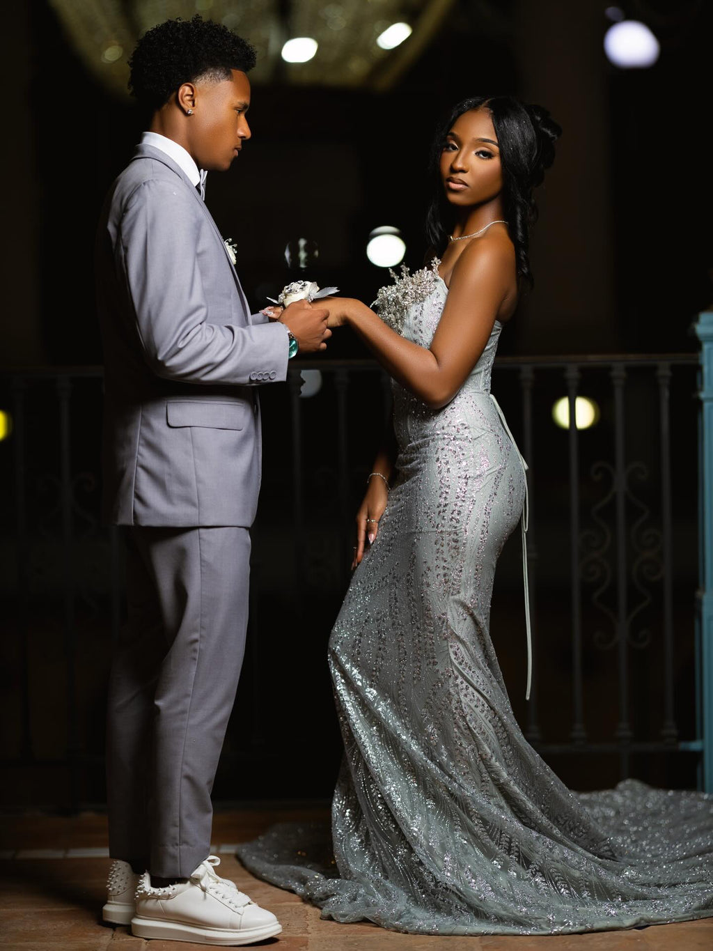 Silver Strapless Mermaid Prom Dress With Sequin Beaded Crystal Floral Bodice