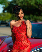 Red Sheer Illusion Beaded Mermaid Prom Dress With 3D Florals