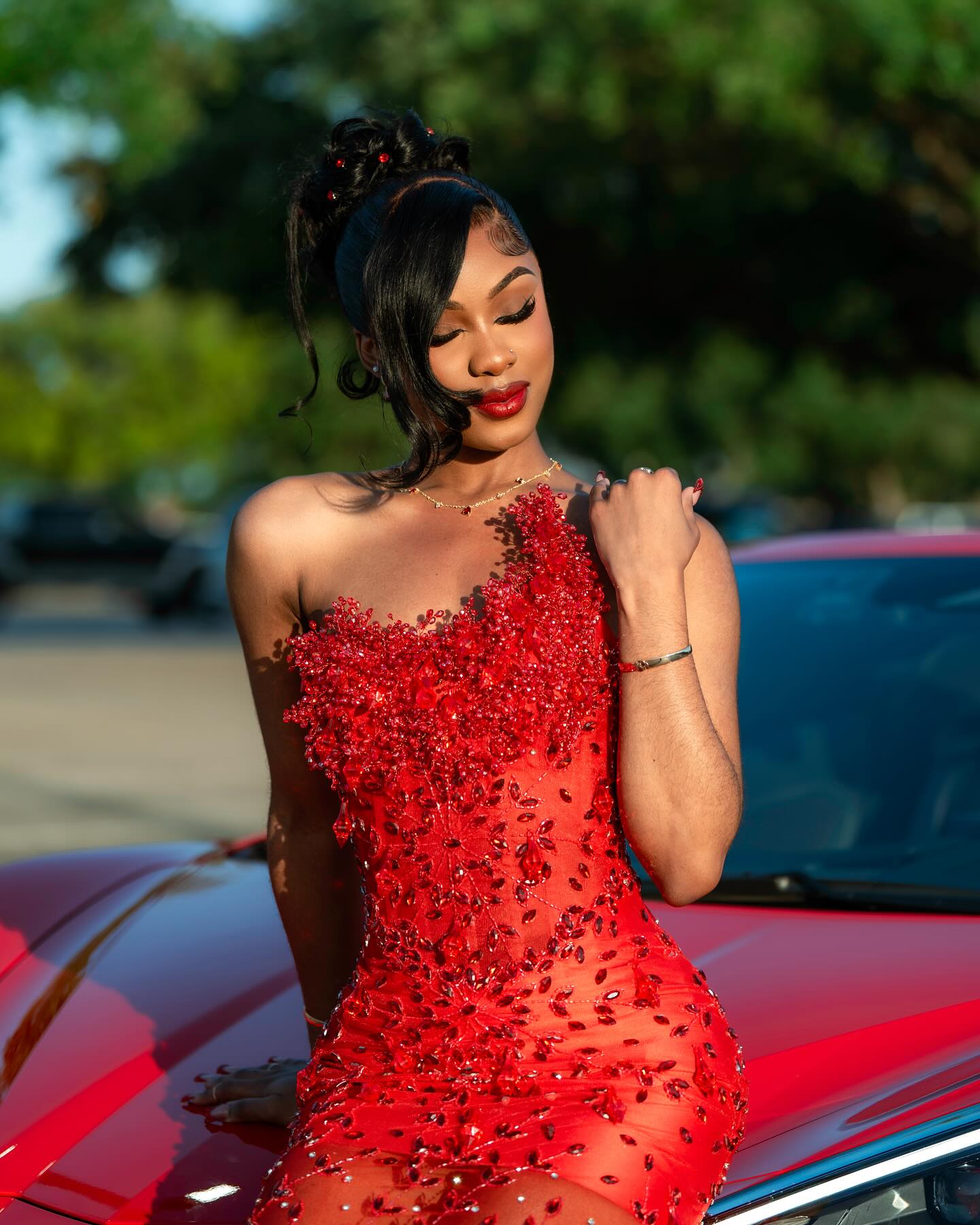 Red Sheer Illusion Beaded Mermaid Prom Dress With 3D Florals