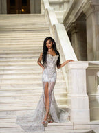 Silver Feather Crystal Beaded Illusion Evening Gown Sweetheart Neckline High Slit