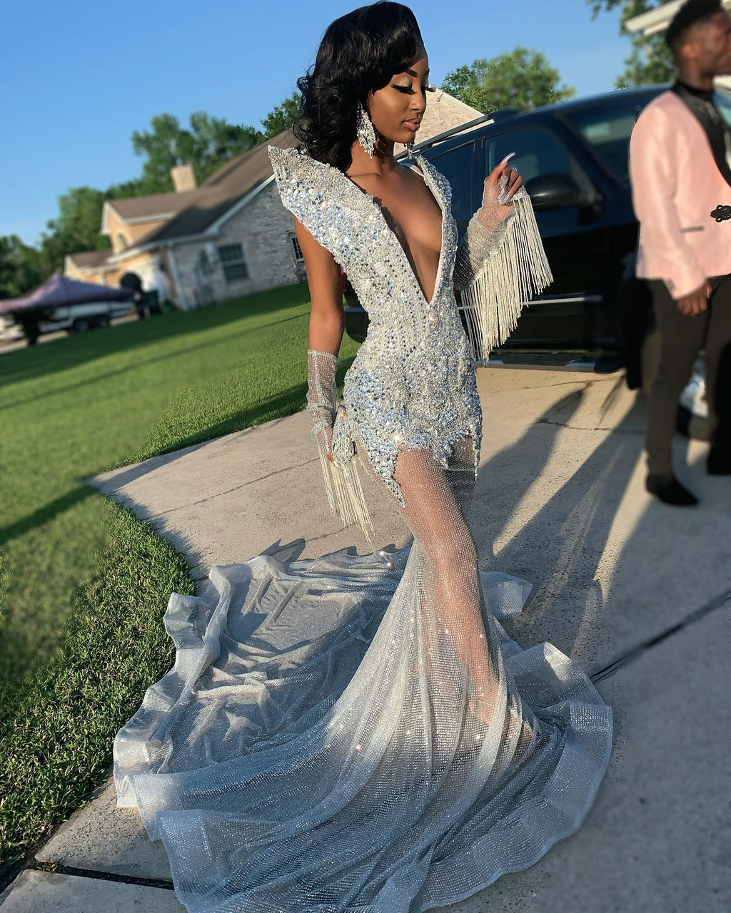 Silver Ice Crystal Beaded Mermaid Gown With Deep V Neck And Cascading Fringe