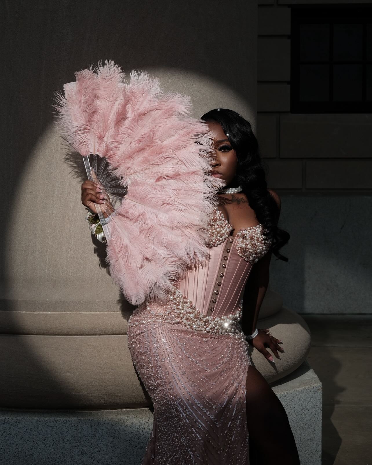 Blush Pink Pearl Beaded Corset Mermaid Prom Dress With Detachable Sleeves