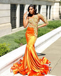 Orange Ombre Satin Mermaid Gown One Shoulder Lace Appliques Illusion Bodice