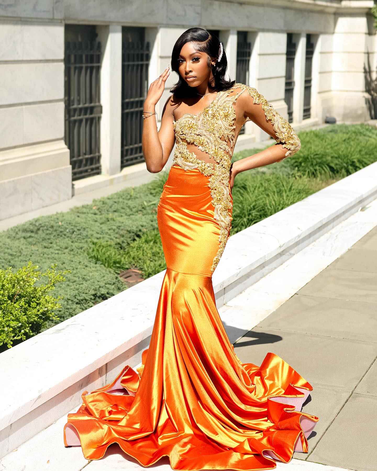 Orange Ombre Satin Mermaid Gown One Shoulder Lace Appliques Illusion Bodice